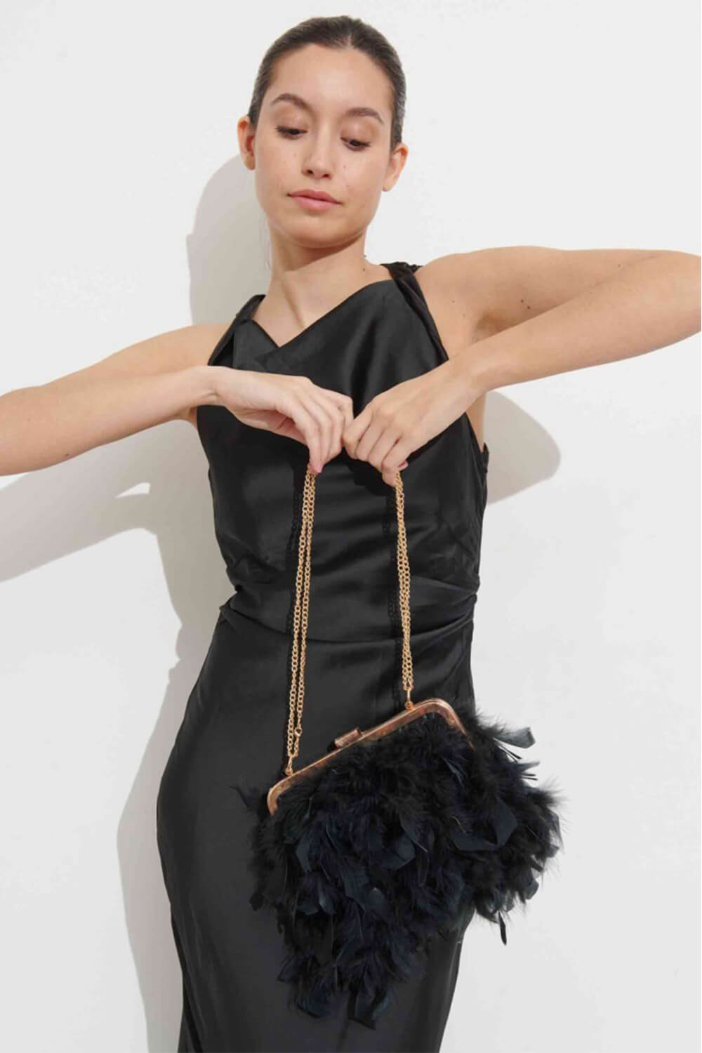 Feather Evening Clutch Bag With Pearl Handle