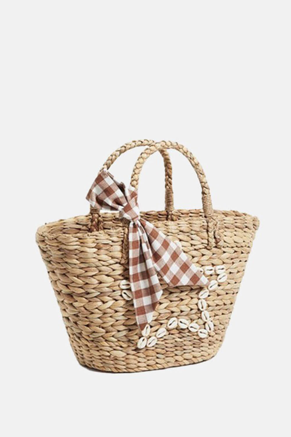Shell-Embellished Straw Woven Plaid Bowknot Beach Tote Bags