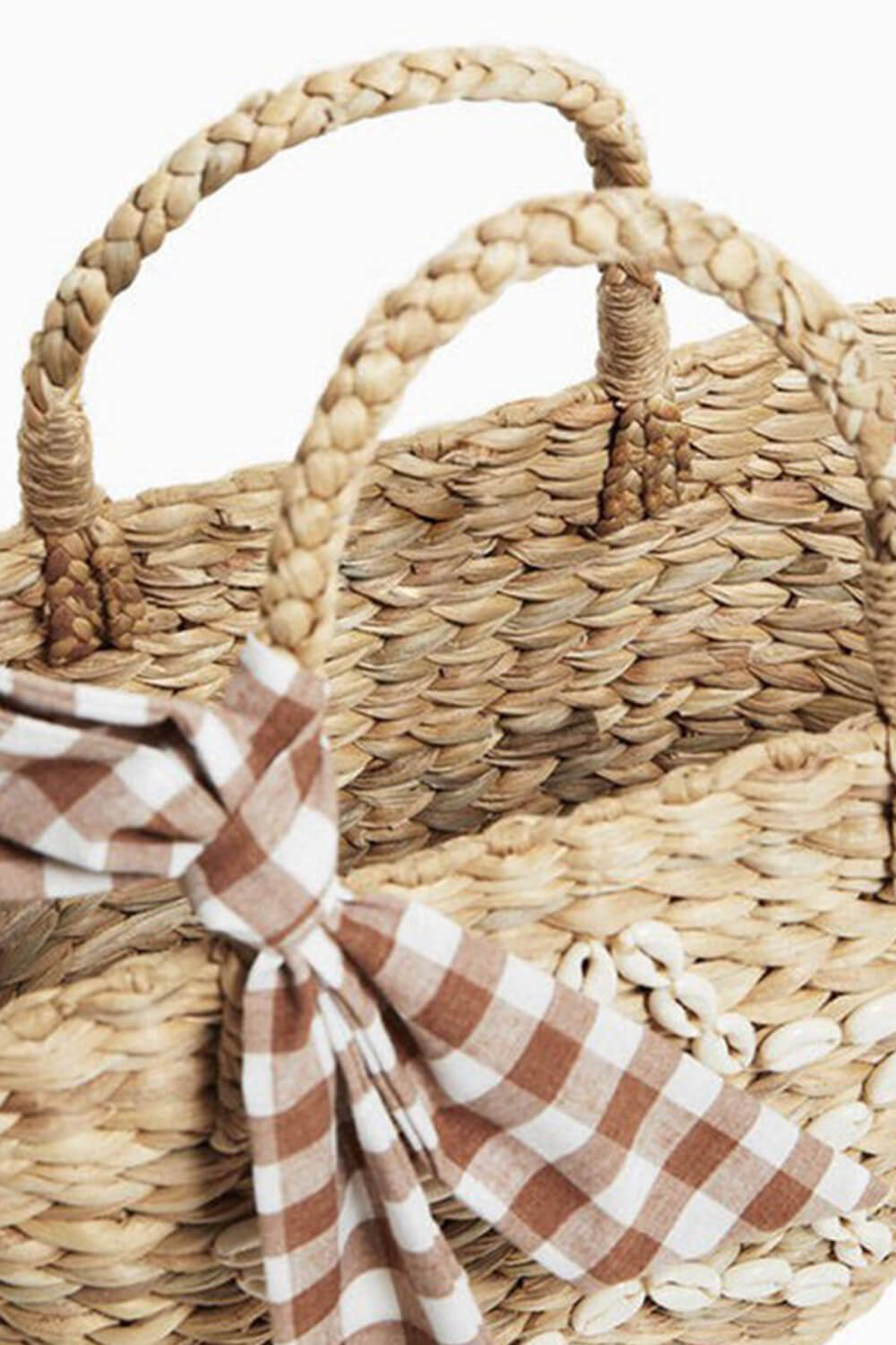 Shell-Embellished Straw Woven Plaid Bowknot Beach Tote Bags