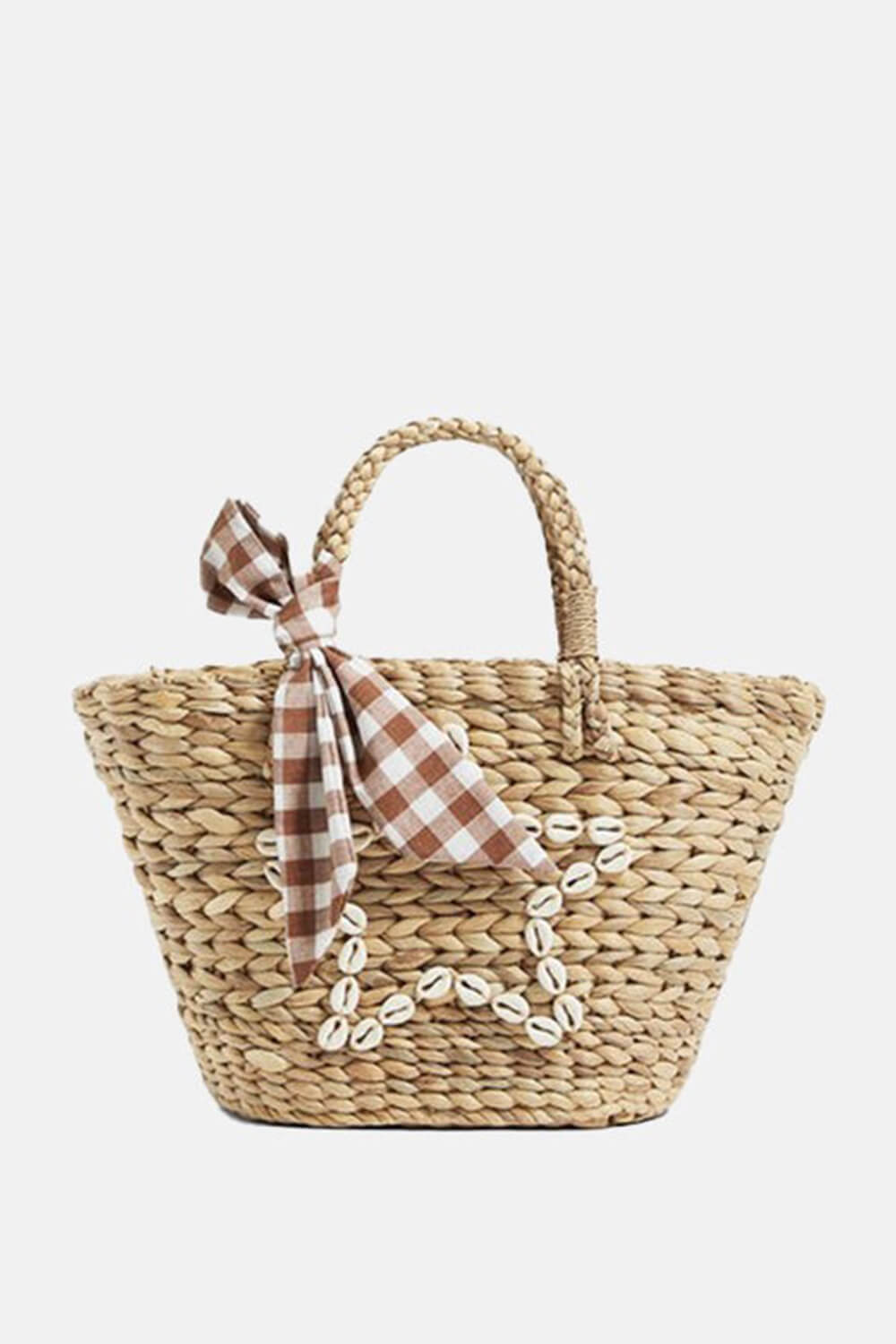Shell-Embellished Straw Woven Plaid Bowknot Beach Tote Bags