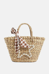 Shell-Embellished Straw Woven Plaid Bowknot Beach Tote Bags