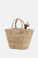 Shell-Embellished Straw Woven Plaid Bowknot Beach Tote Bags