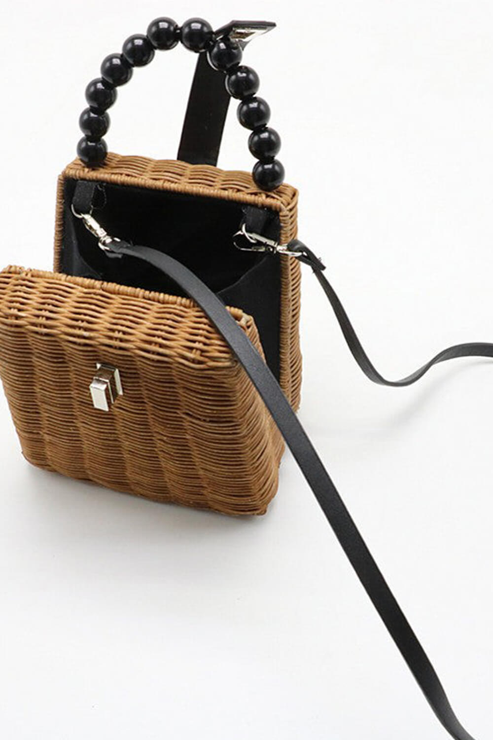 Mini Woven Beaded Handle Handbags With Shoulder Strap