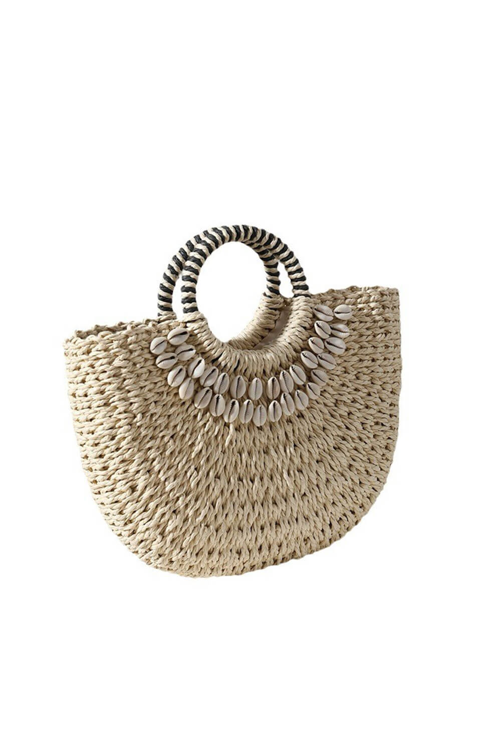 Shell-Embellished Woven Rattan Spherical Top Handle Beach Tote Bags