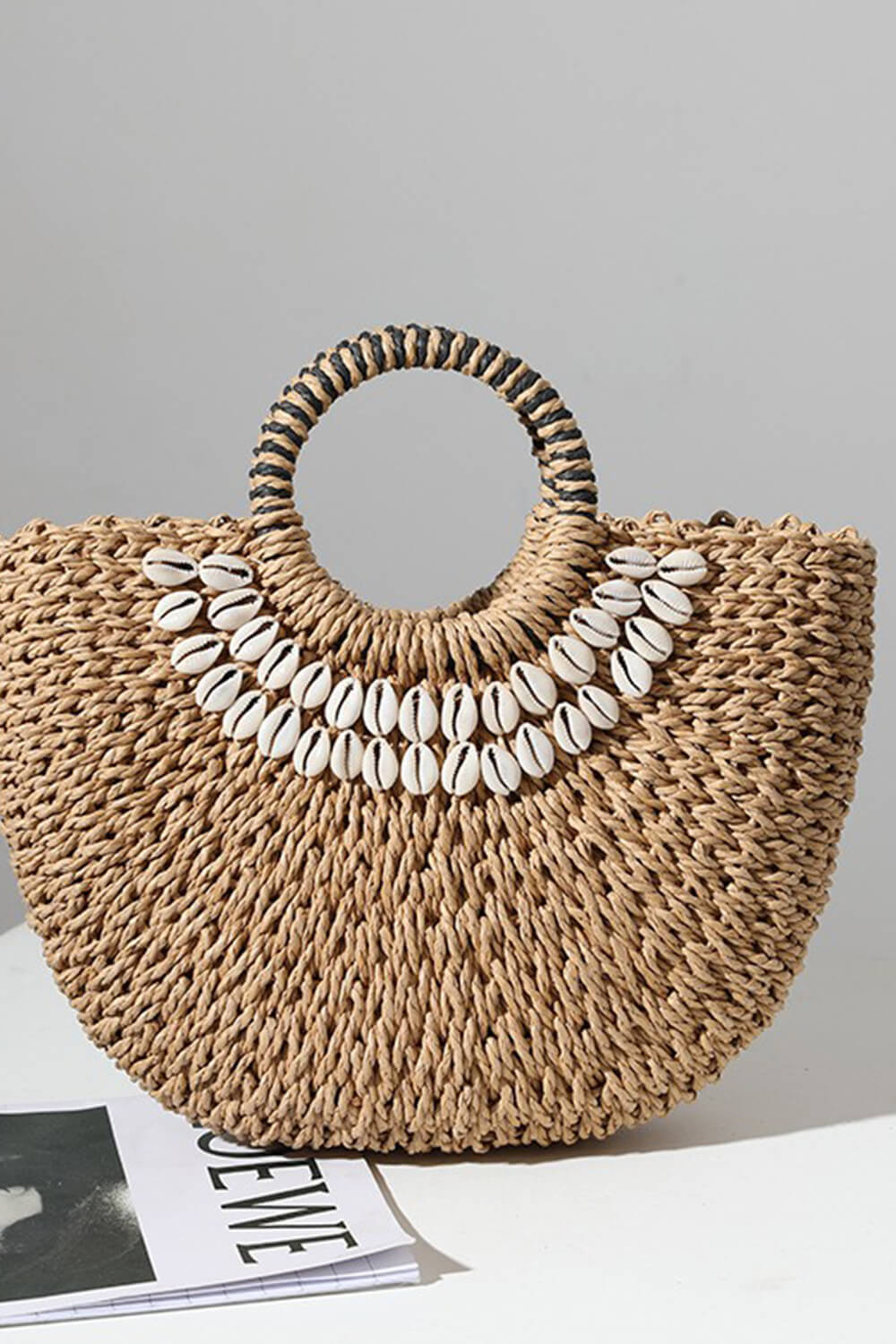Shell-Embellished Woven Rattan Spherical Top Handle Beach Tote Bags