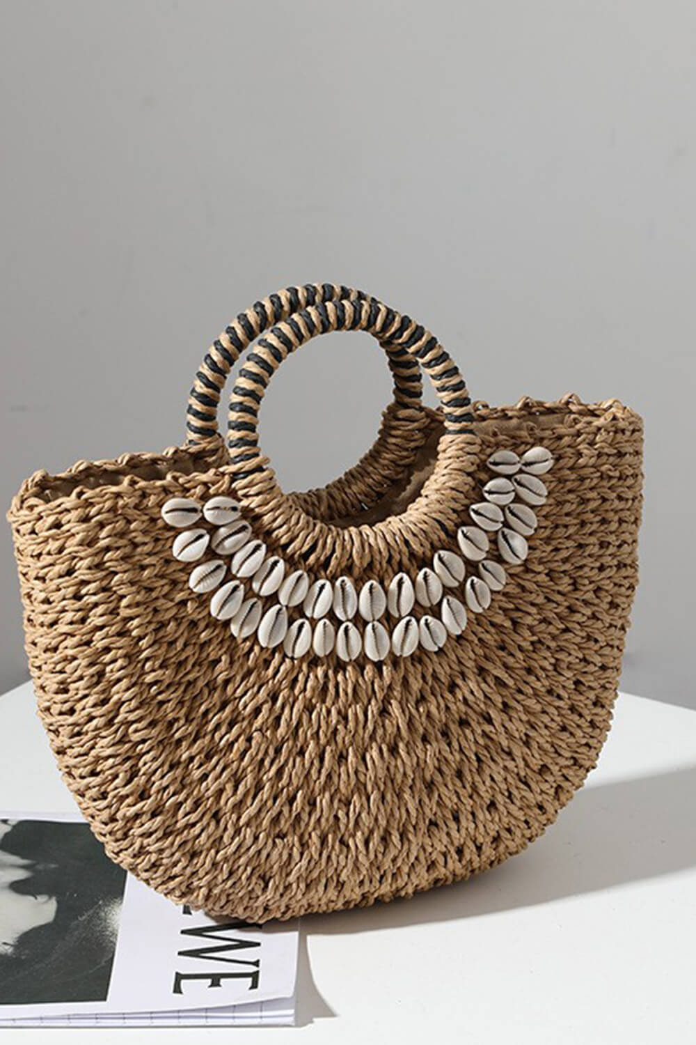 Shell-Embellished Woven Rattan Spherical Top Handle Beach Tote Bags