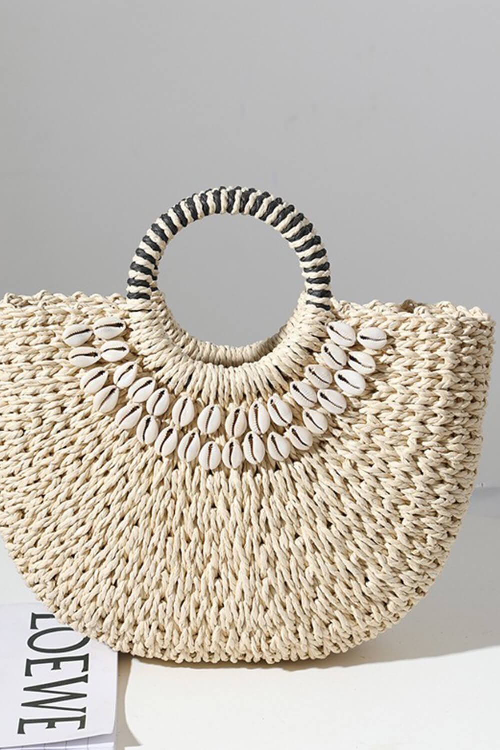 Shell-Embellished Woven Rattan Spherical Top Handle Beach Tote Bags