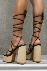 Raffia Lace Up Platform Chunky Block High Heel Sandals