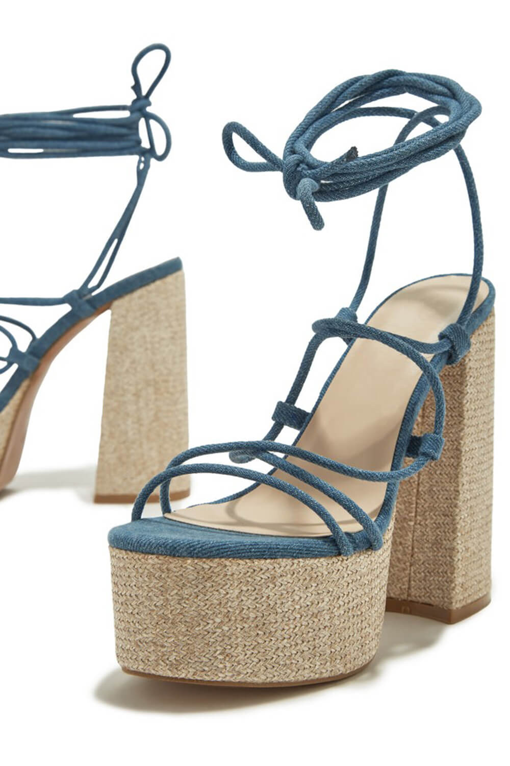 Raffia Lace Up Platform Chunky Block High Heel Sandals