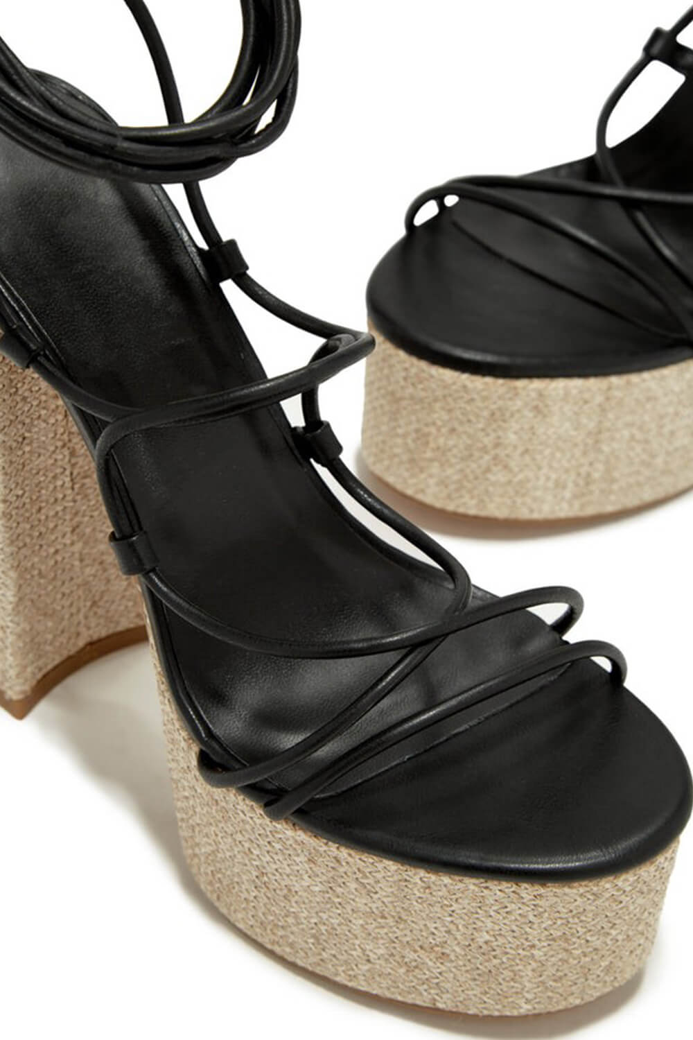 Raffia Lace Up Platform Chunky Block High Heel Sandals