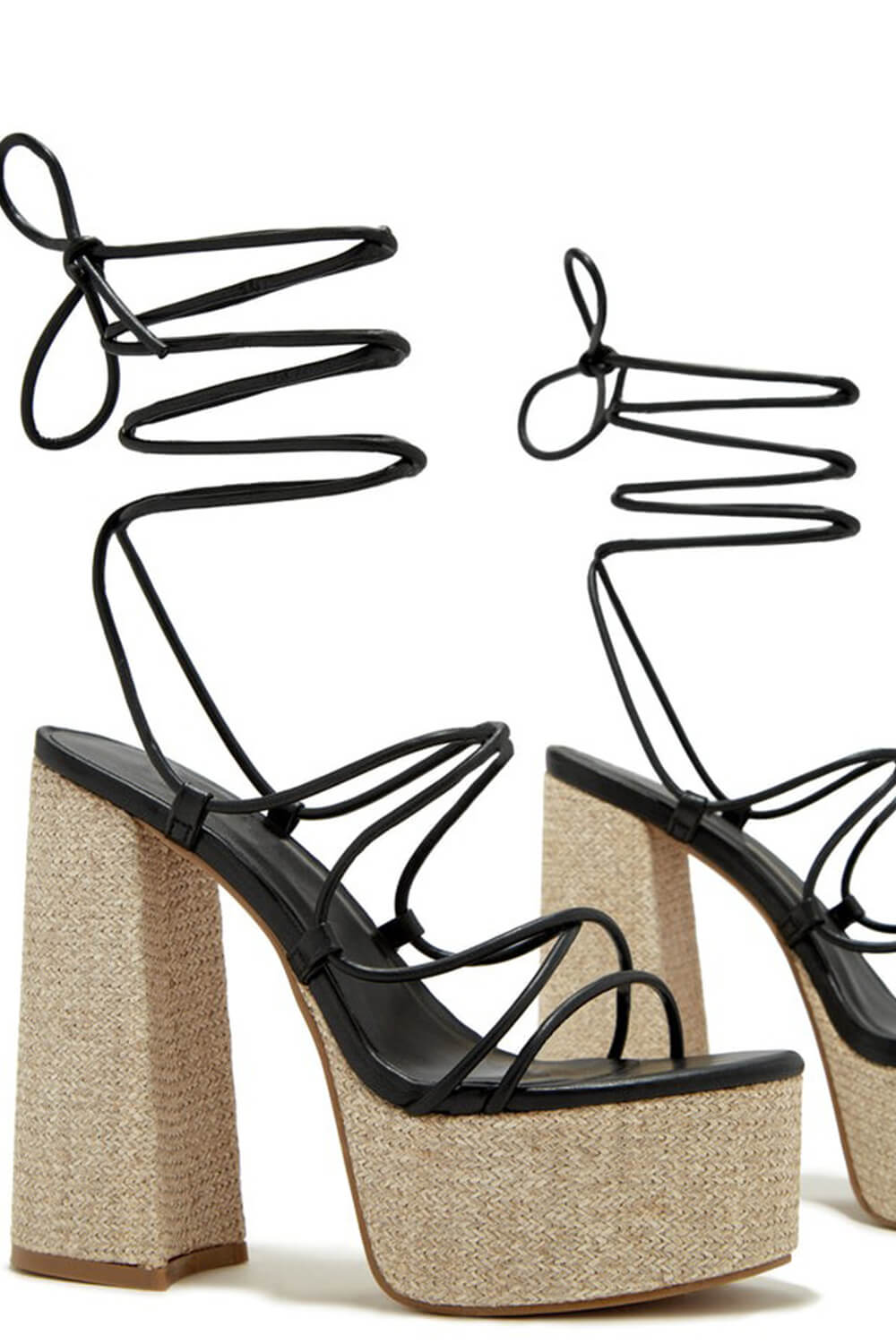 Raffia Lace Up Platform Chunky Block High Heel Sandals