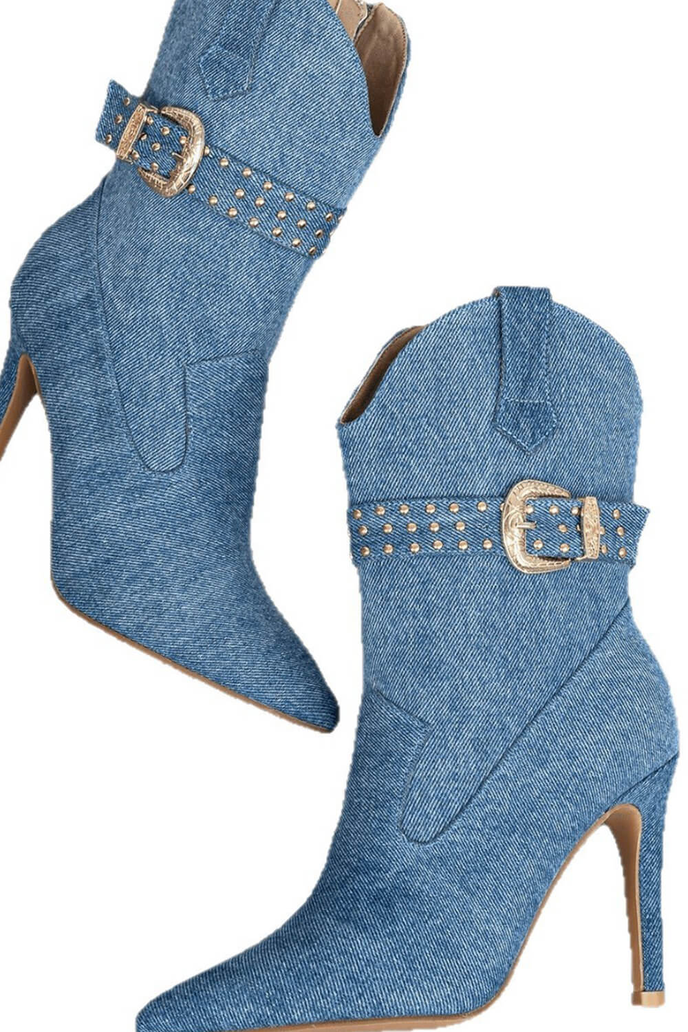 Denim Western Cowboy Pointed Toe Ankle Stiletto Boots With Buckle