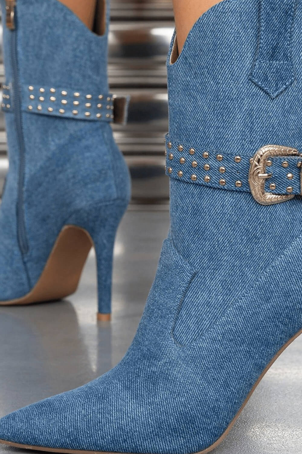 Denim Western Cowboy Pointed Toe Ankle Stiletto Boots With Buckle