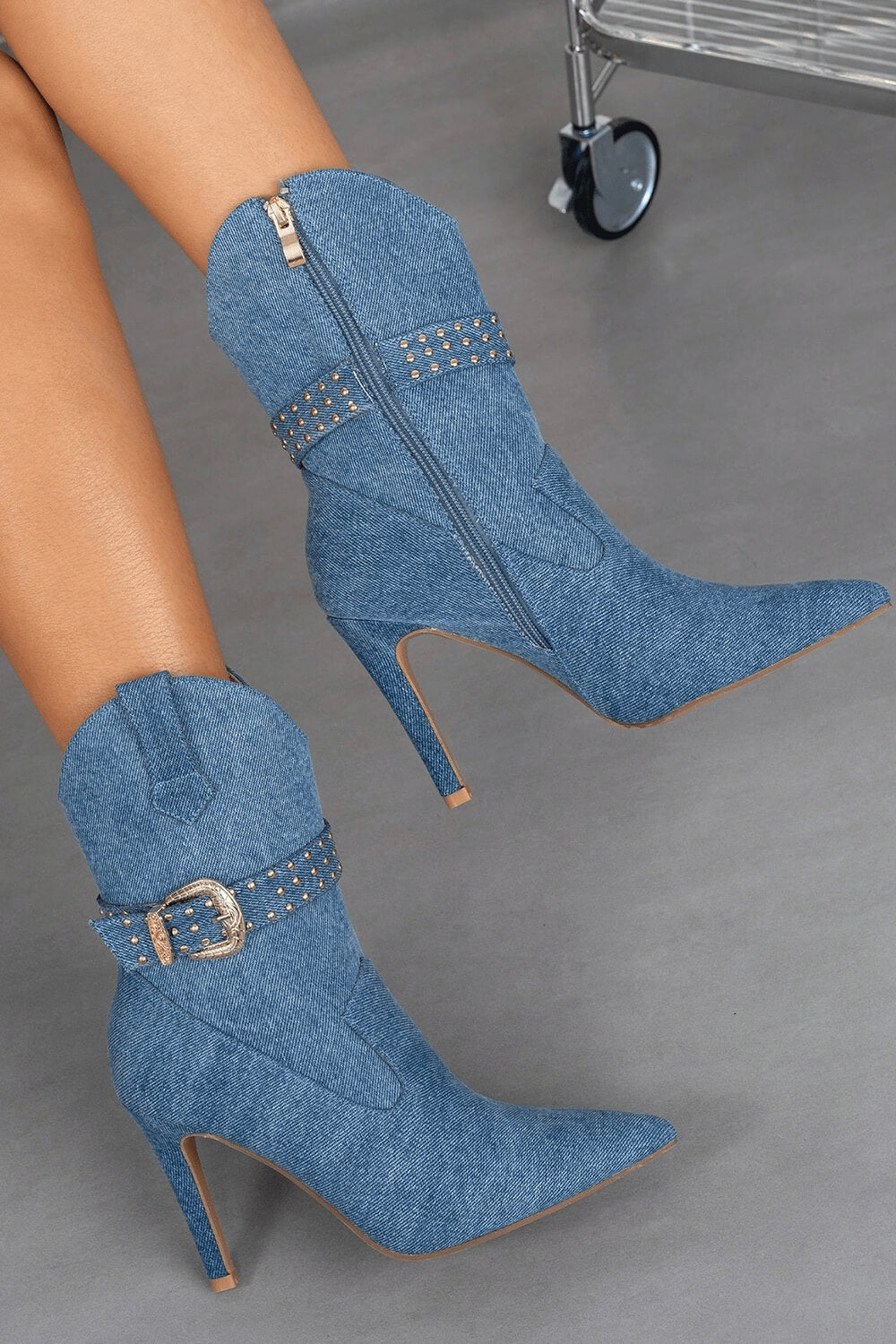 Denim Western Cowboy Pointed Toe Ankle Stiletto Boots With Buckle