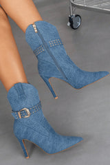 Denim Western Cowboy Pointed Toe Ankle Stiletto Boots With Buckle