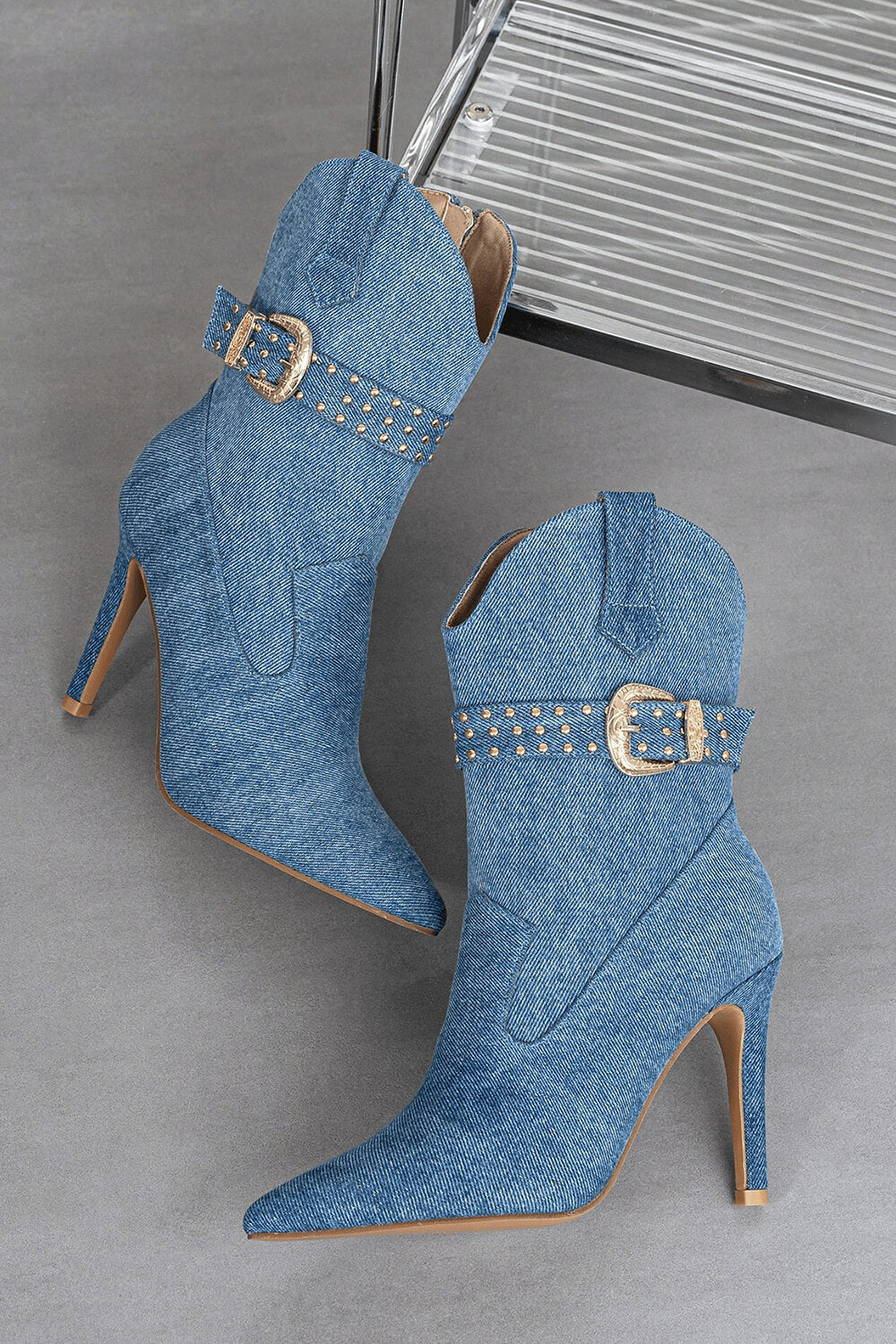 Denim Western Cowboy Pointed Toe Ankle Stiletto Boots With Buckle
