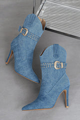 Denim Western Cowboy Pointed Toe Ankle Stiletto Boots With Buckle
