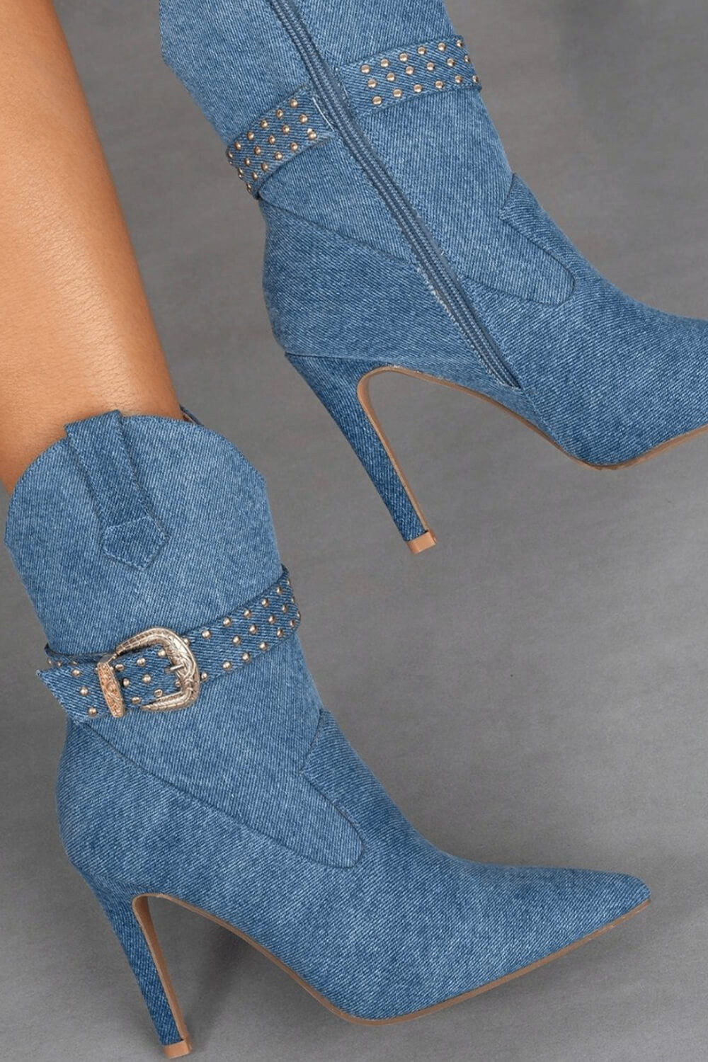 Denim Western Cowboy Pointed Toe Ankle Stiletto Boots With Buckle