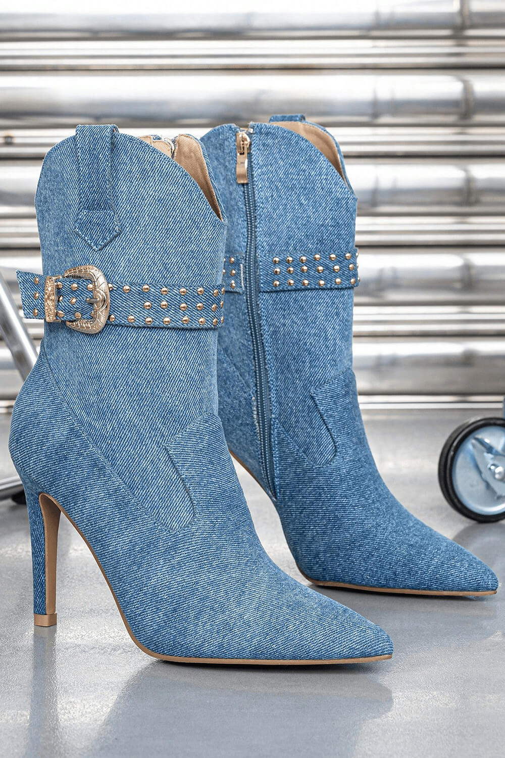 Denim Western Cowboy Pointed Toe Ankle Stiletto Boots With Buckle