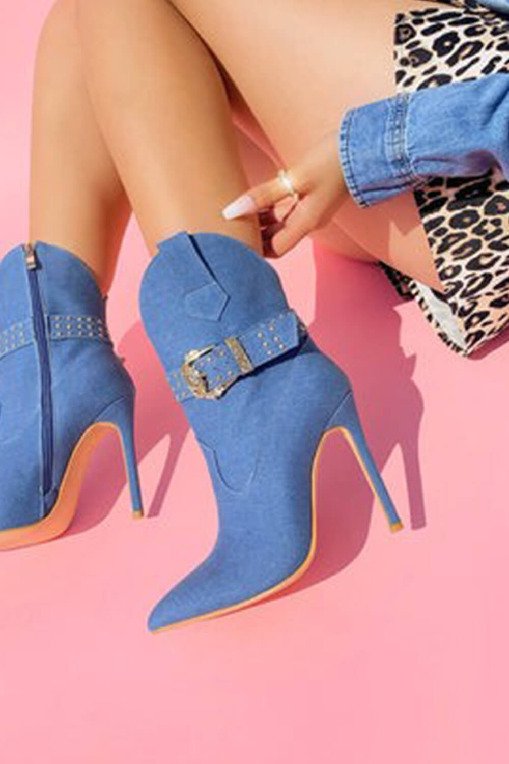Denim Western Cowboy Pointed Toe Ankle Stiletto Boots With Buckle