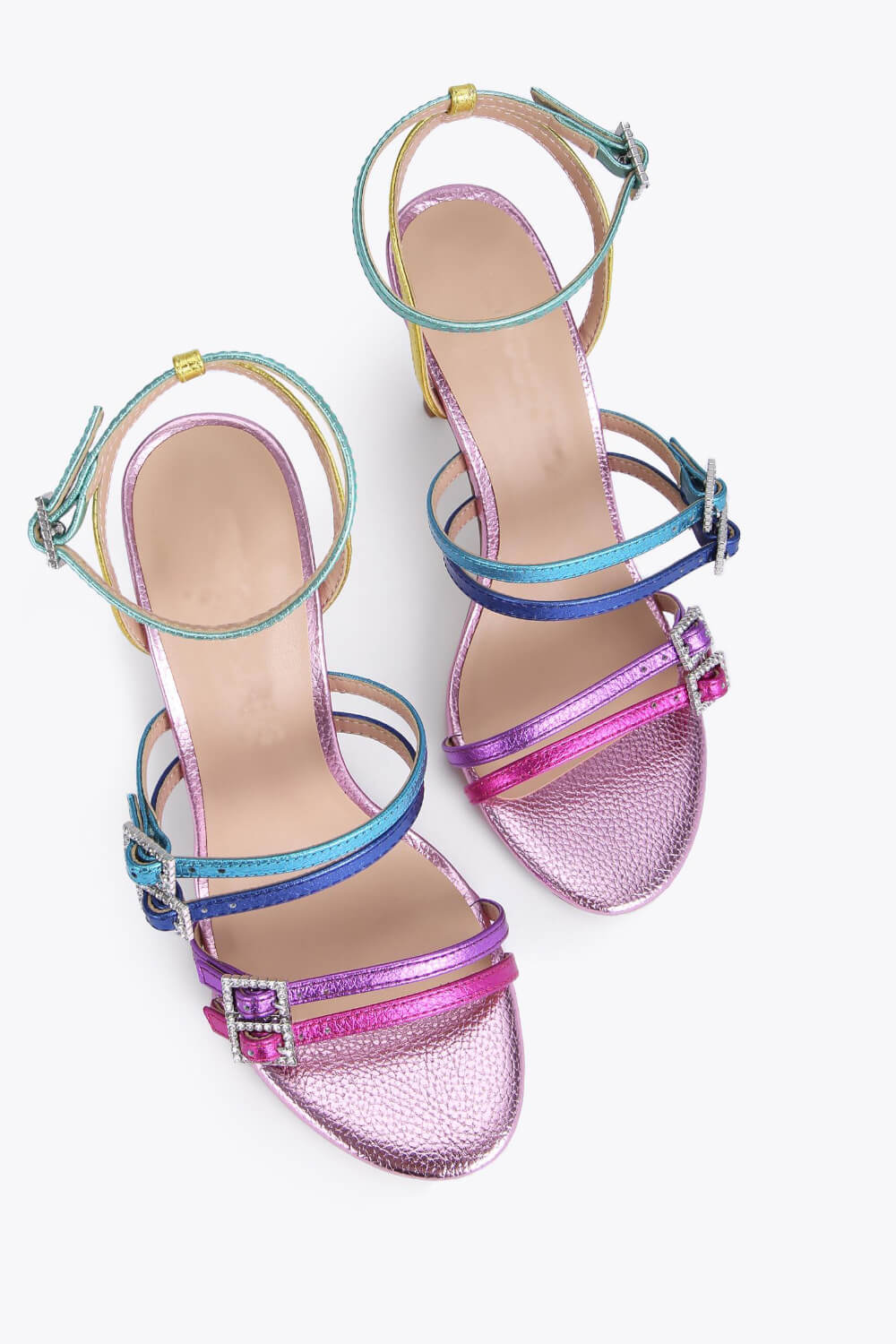 Multi Colored Rhinestone-Embellished Strappy Stiletto Heeled Sandals