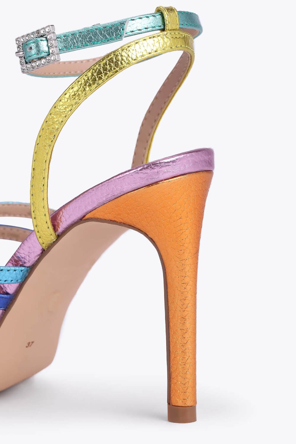 Multi Colored Rhinestone-Embellished Strappy Stiletto Heeled Sandals