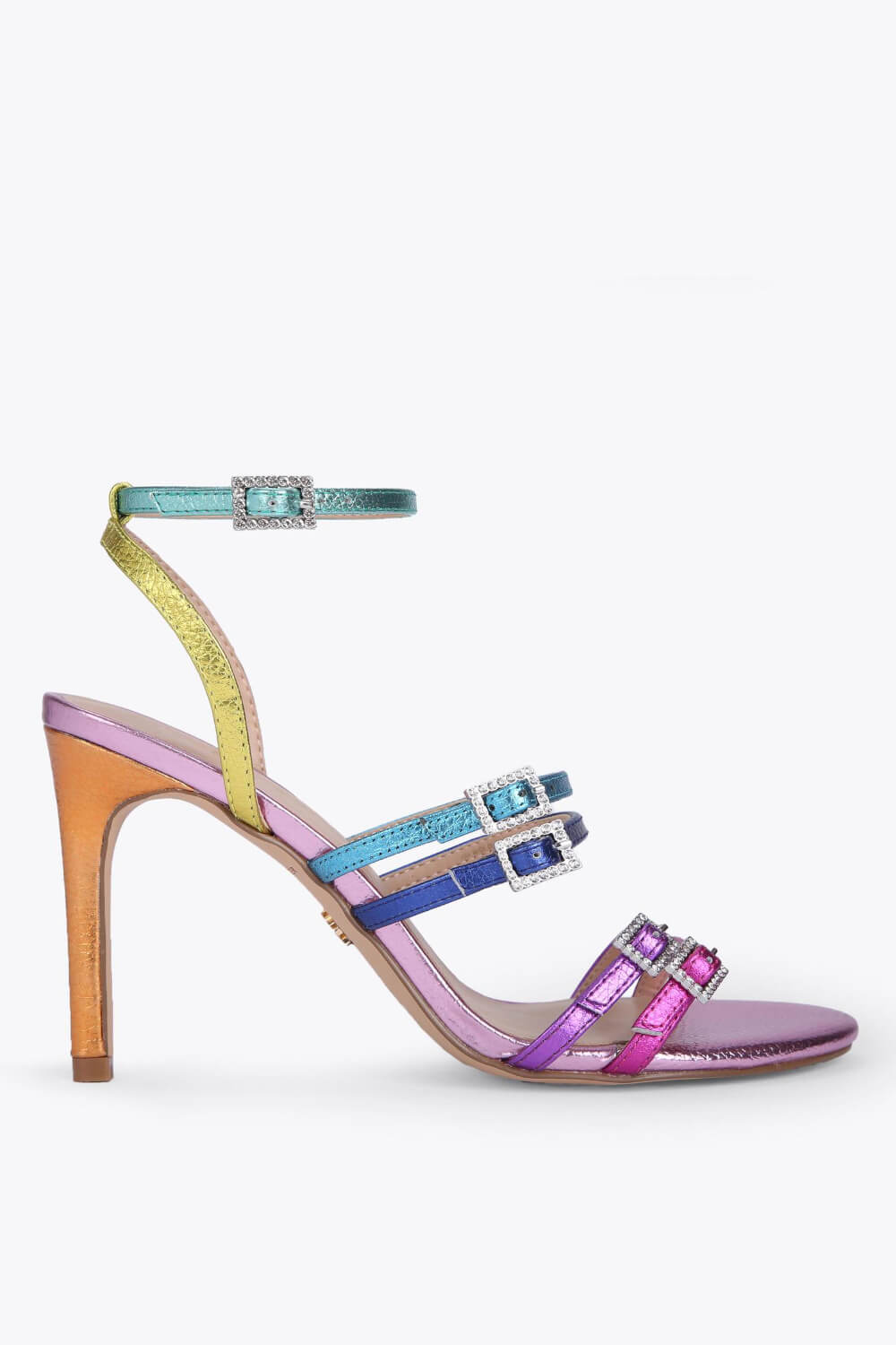 Multi Colored Rhinestone-Embellished Strappy Stiletto Heeled Sandals