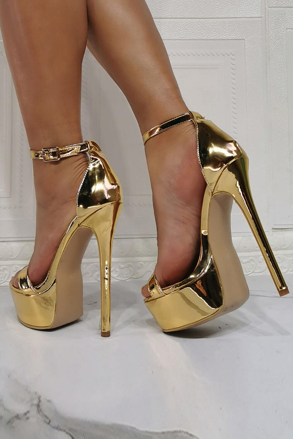 Patent Open Almond Toe Platform Stiletto Heeled Sandals