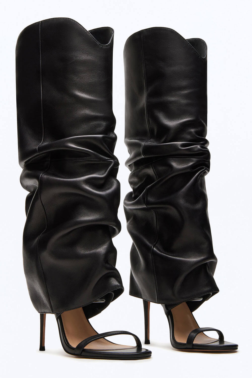Cuffed Knee-High Ruched Open Toe Stiletto Heel Boots