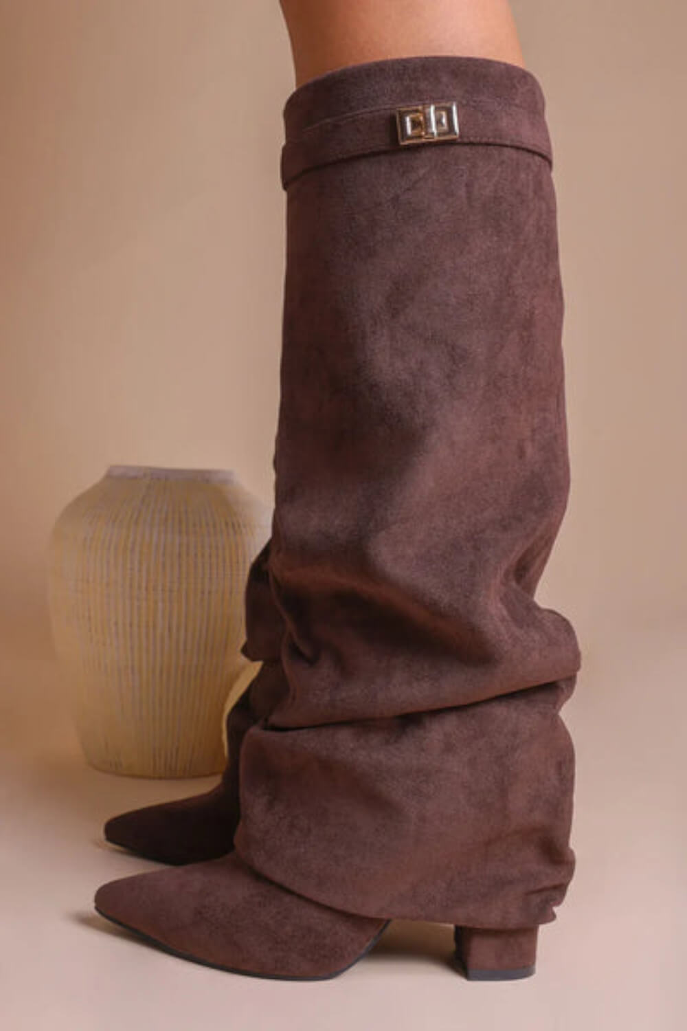 Faux Suede Slouchy Fold Over Metal Lock Detail Pointed Toe Knee High Boots