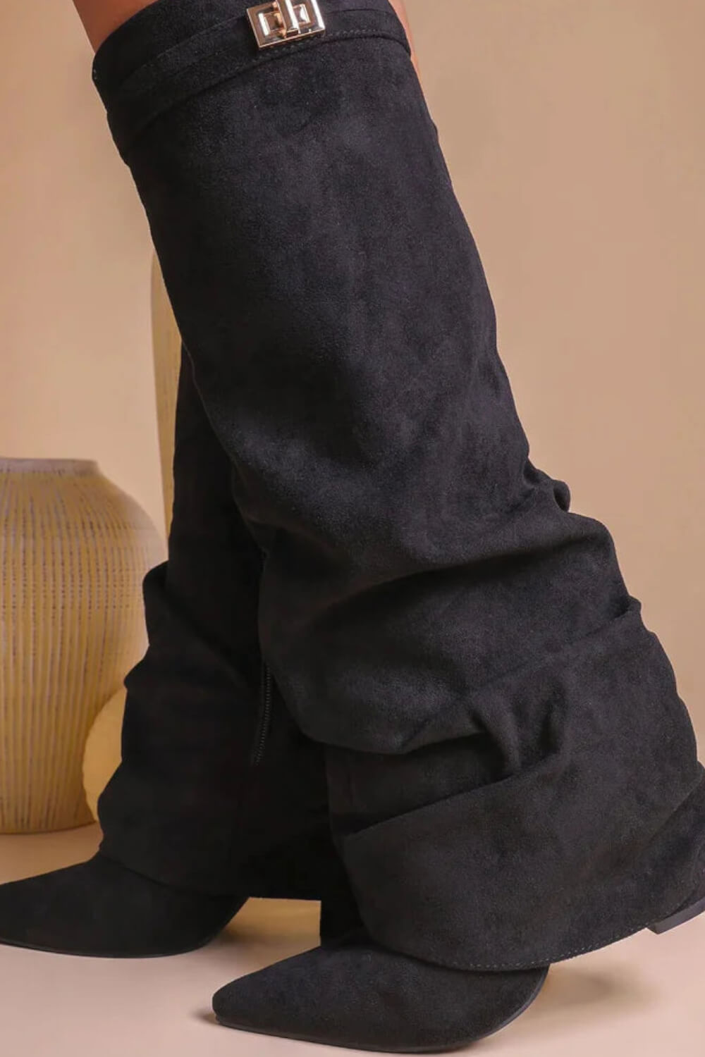 Faux Suede Slouchy Fold Over Metal Lock Detail Pointed Toe Knee High Boots