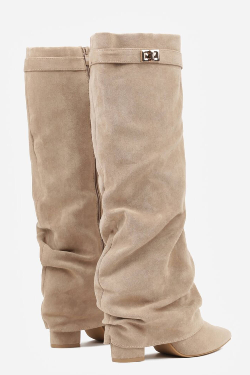 Faux Suede Slouchy Fold Over Metal Lock Detail Pointed Toe Knee High Boots
