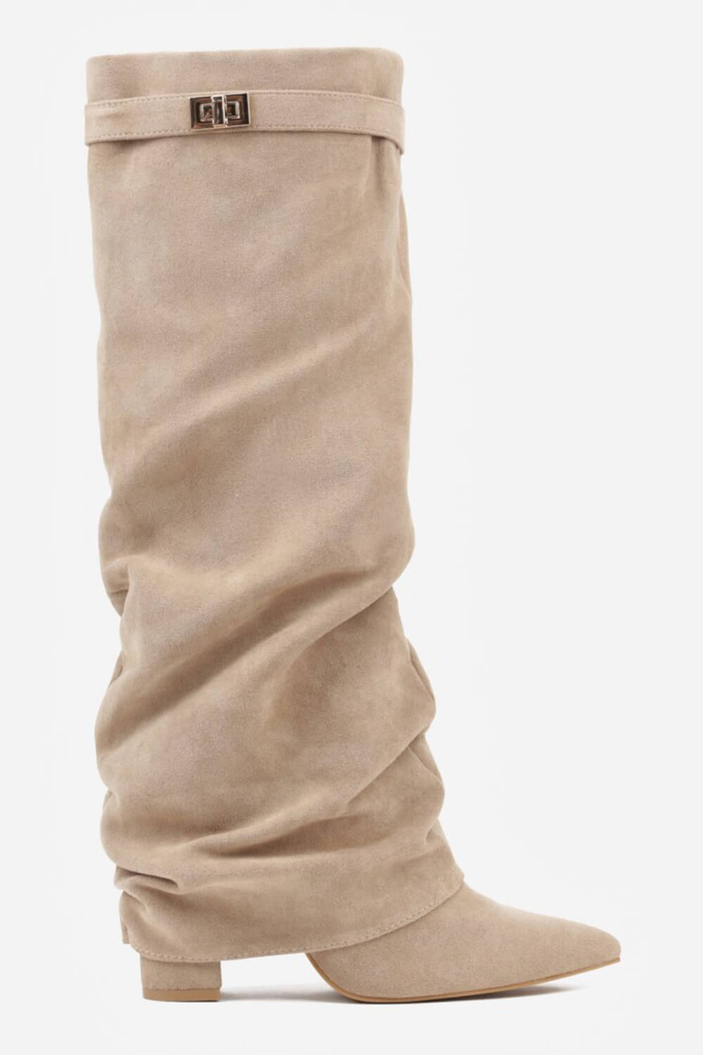 Faux Suede Slouchy Fold Over Metal Lock Detail Pointed Toe Knee High Boots