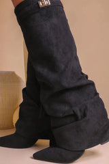 Faux Suede Slouchy Fold Over Metal Lock Detail Pointed Toe Knee High Boots