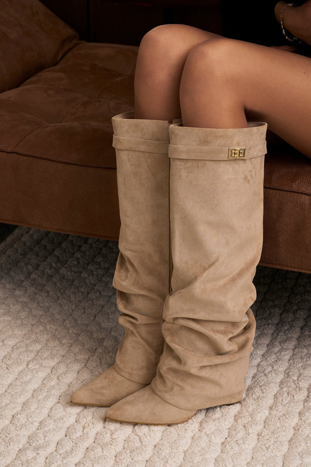 Faux Suede Slouchy Fold Over Metal Lock Detail Pointed Toe Knee High Boots