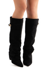 Faux Suede Slouchy Fold Over Metal Lock Detail Pointed Toe Knee High Boots