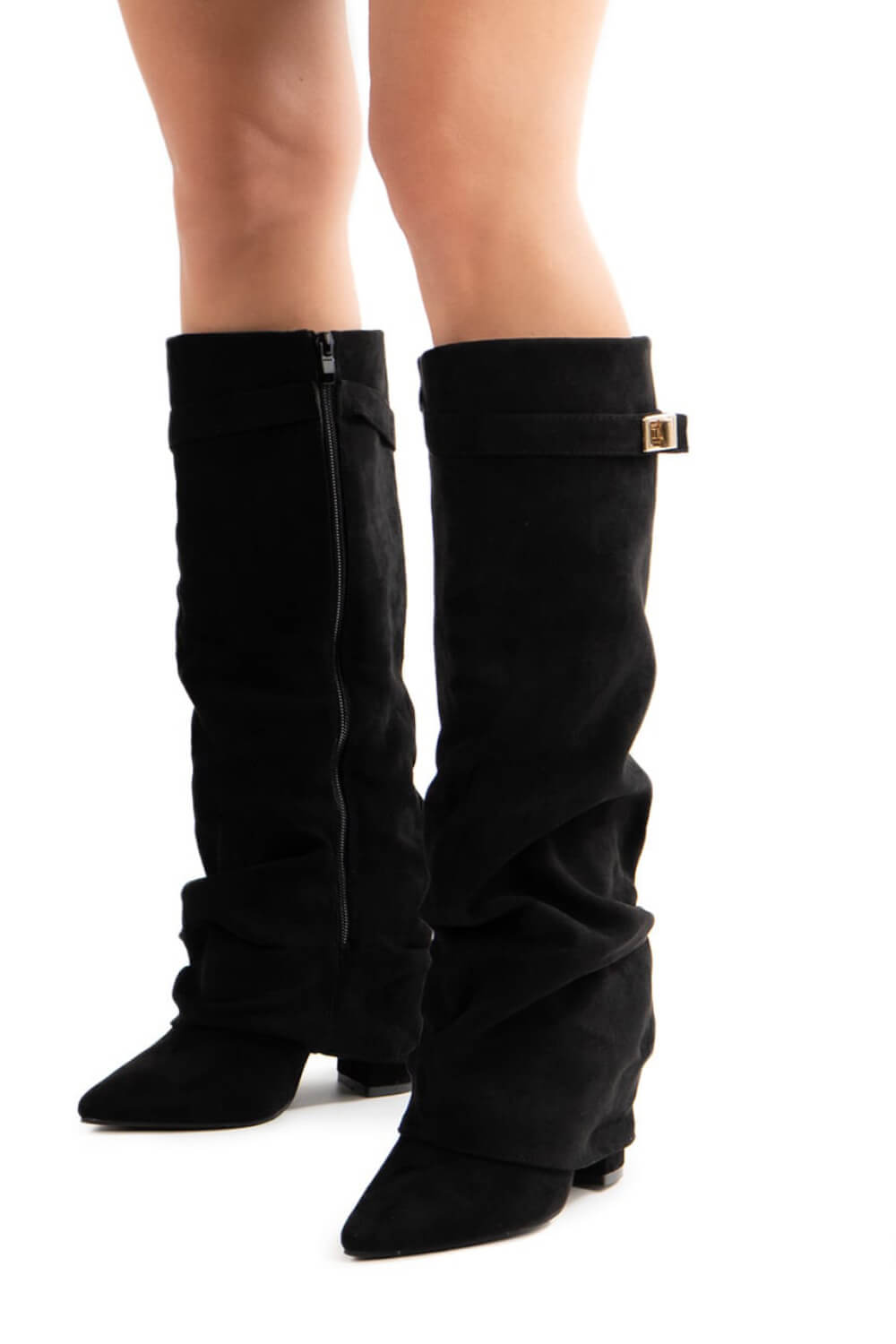 Faux Suede Slouchy Fold Over Metal Lock Detail Pointed Toe Knee High Boots