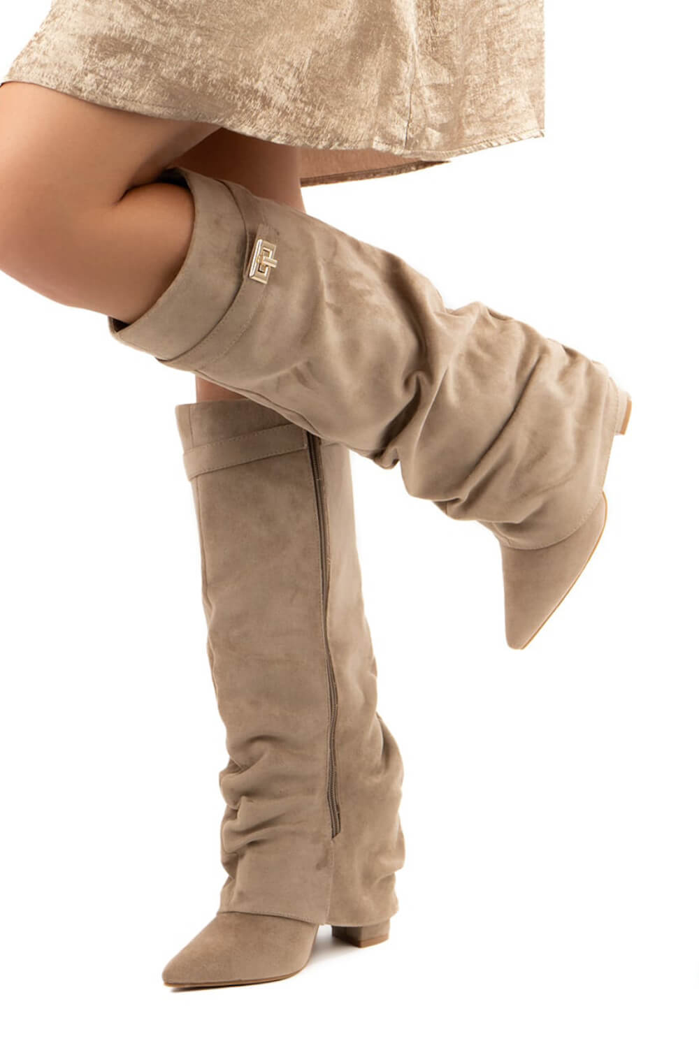 Faux Suede Slouchy Fold Over Metal Lock Detail Pointed Toe Knee High Boots