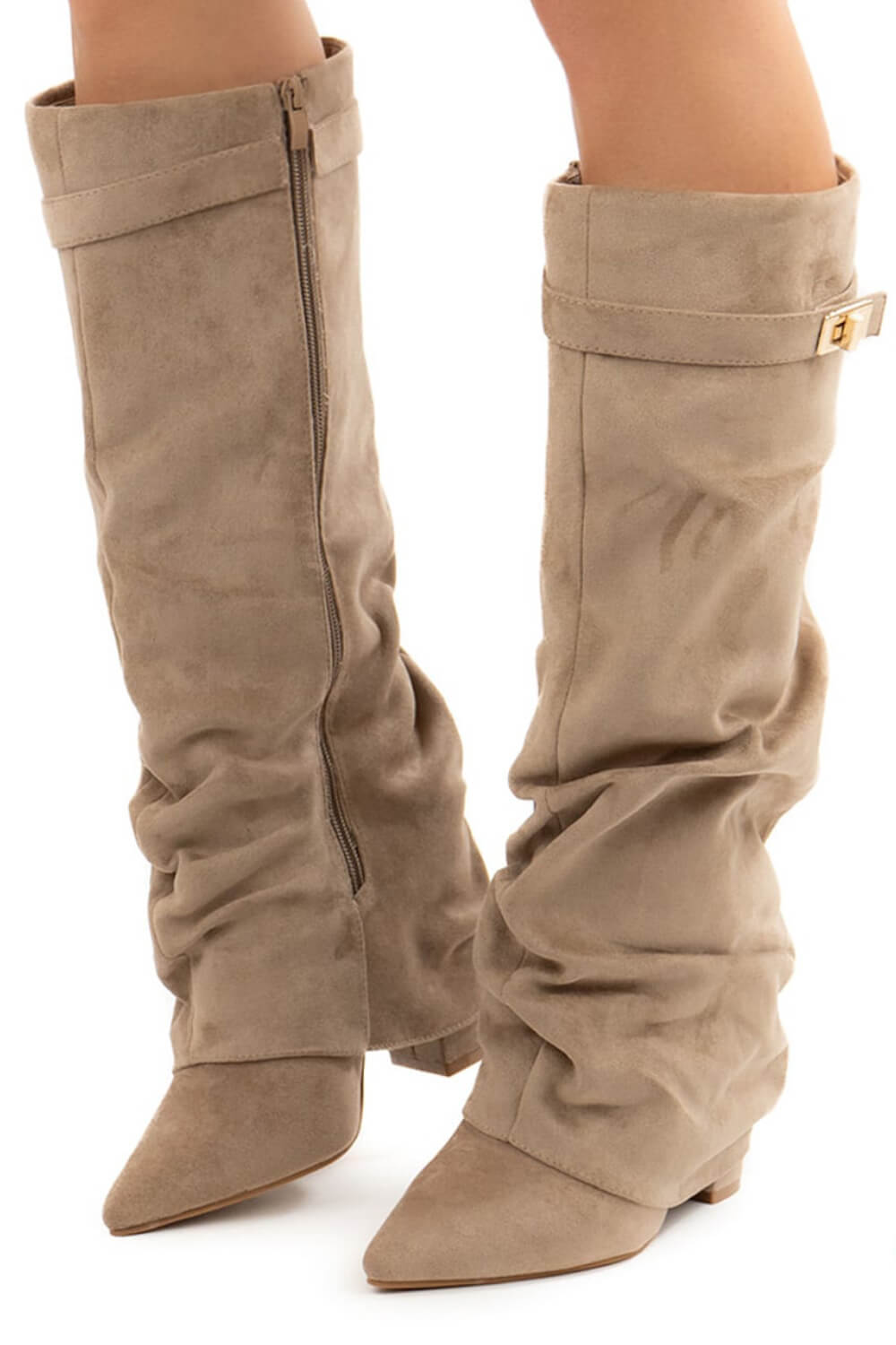 Faux Suede Slouchy Fold Over Metal Lock Detail Pointed Toe Knee High Boots