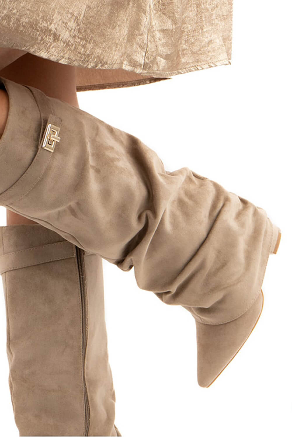 Faux Suede Slouchy Fold Over Metal Lock Detail Pointed Toe Knee High Boots