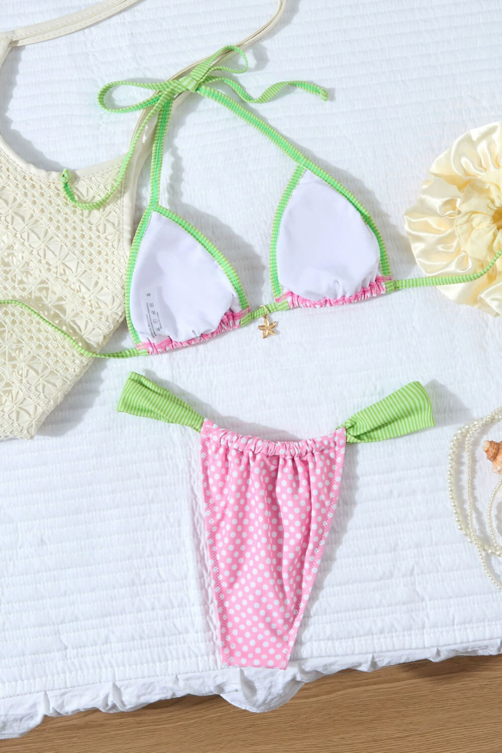 Contrast Pink Polka Dot Triangle Brazilian Bikini Set