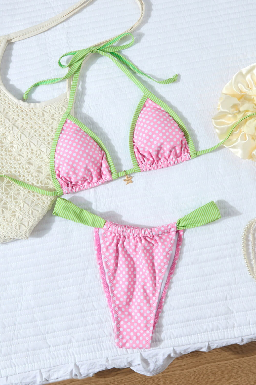 Contrast Pink Polka Dot Triangle Brazilian Bikini Set