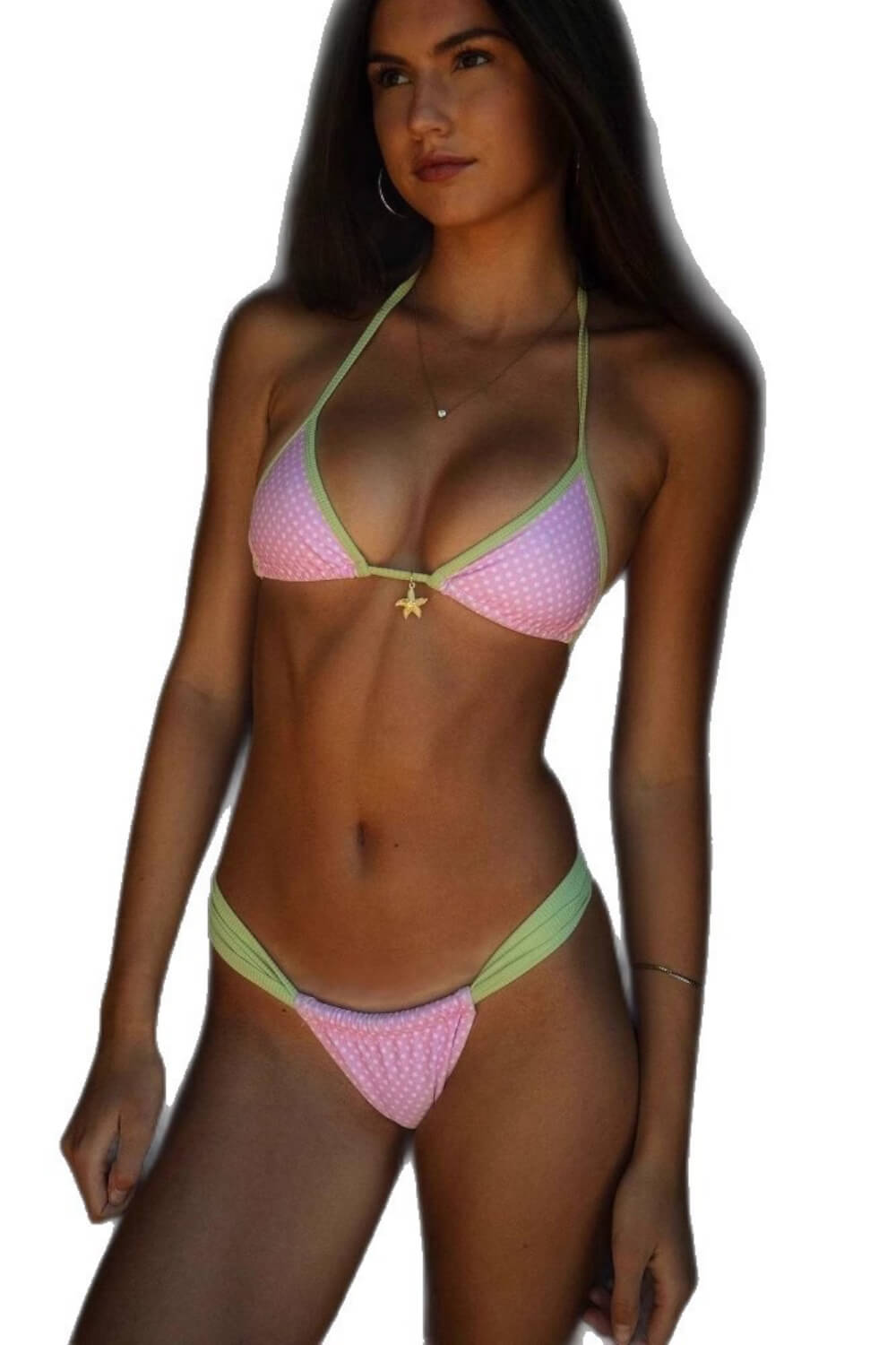 Contrast Pink Polka Dot Triangle Brazilian Bikini Set