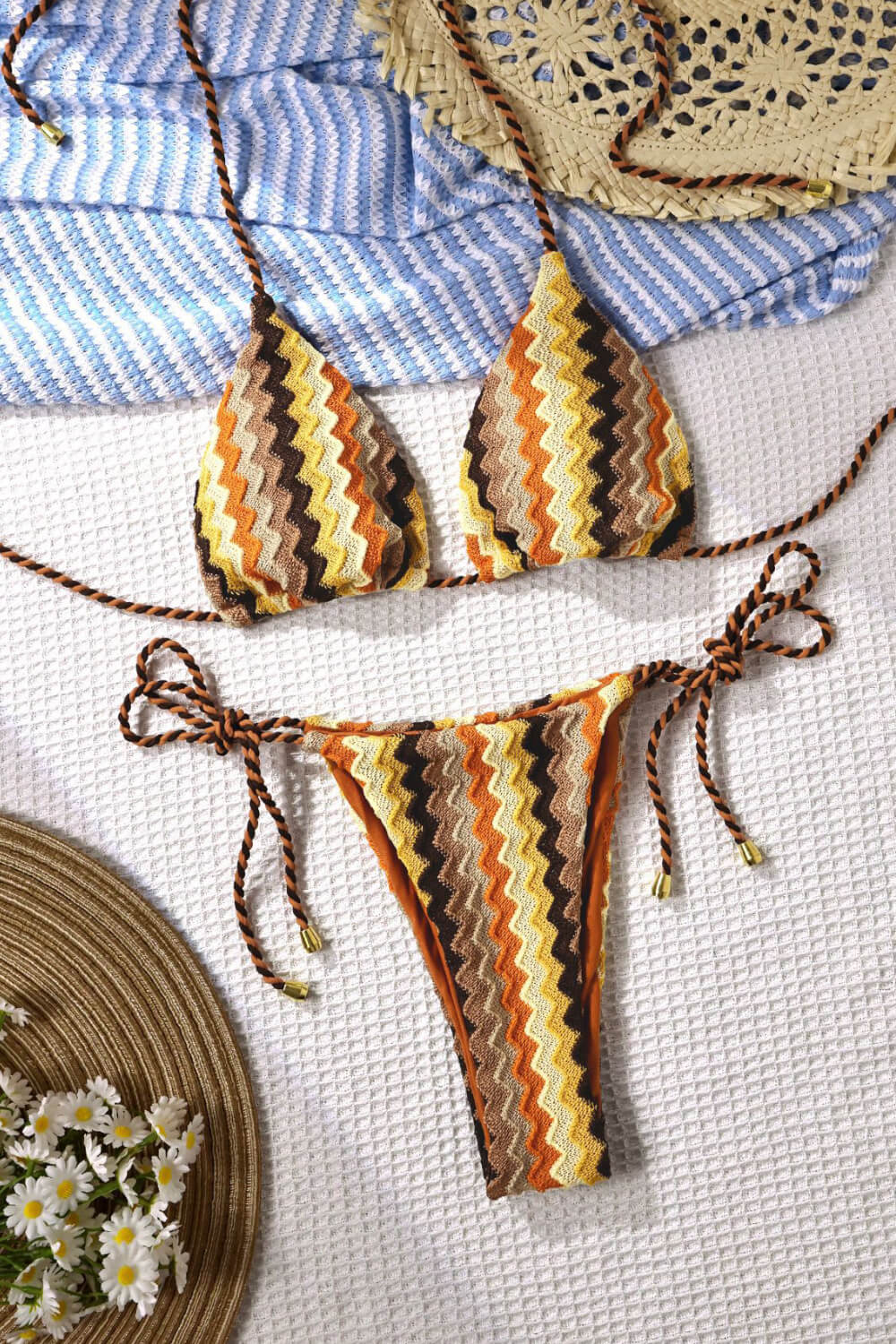Multi Crochet Triangle Halter Tie Side Bikini Set