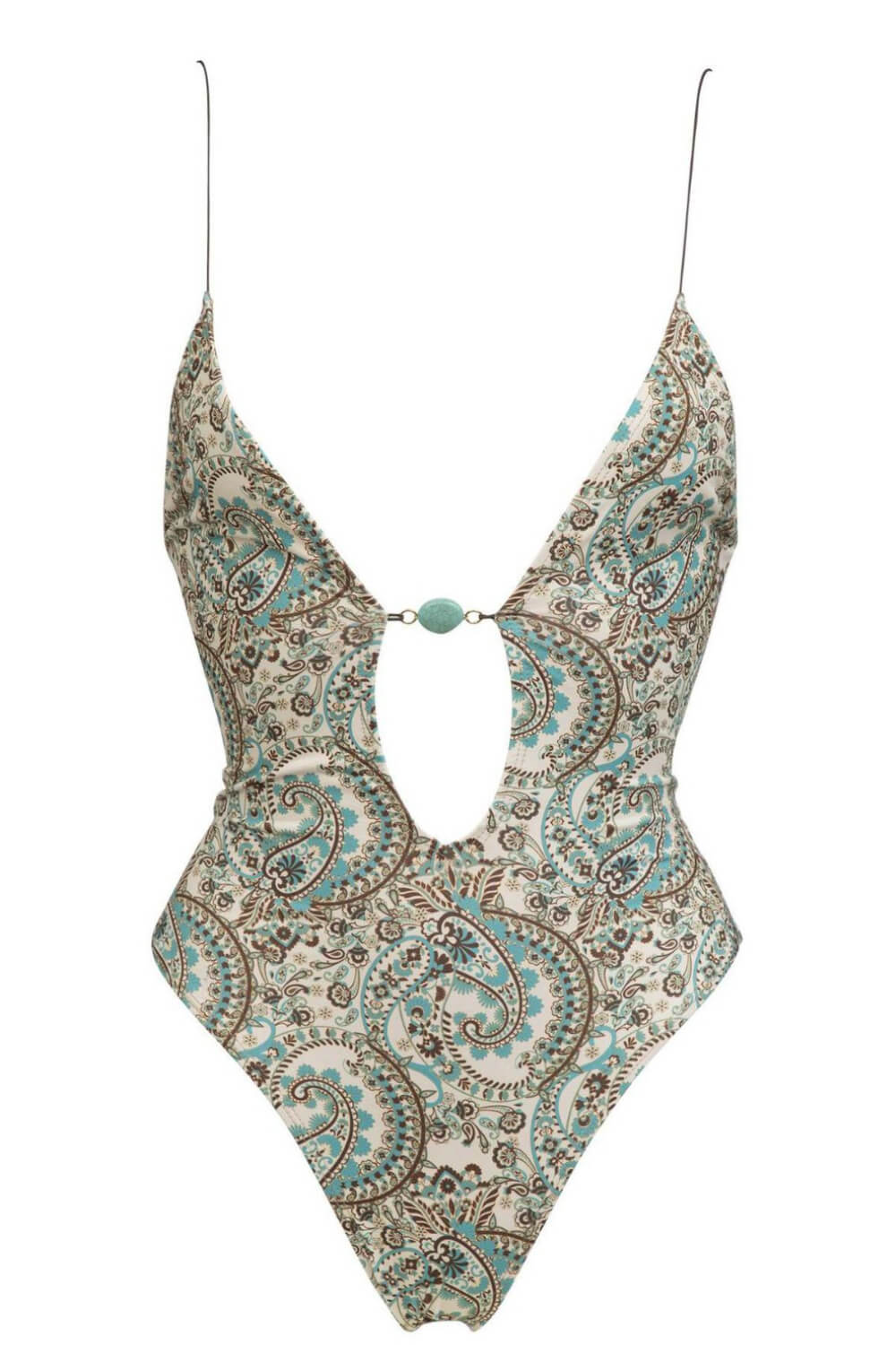 Paisley Print V Neck Cut Out One Piece Swimsuit With Turquoise Bead Details