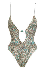 Paisley Print V Neck Cut Out One Piece Swimsuit With Turquoise Bead Details