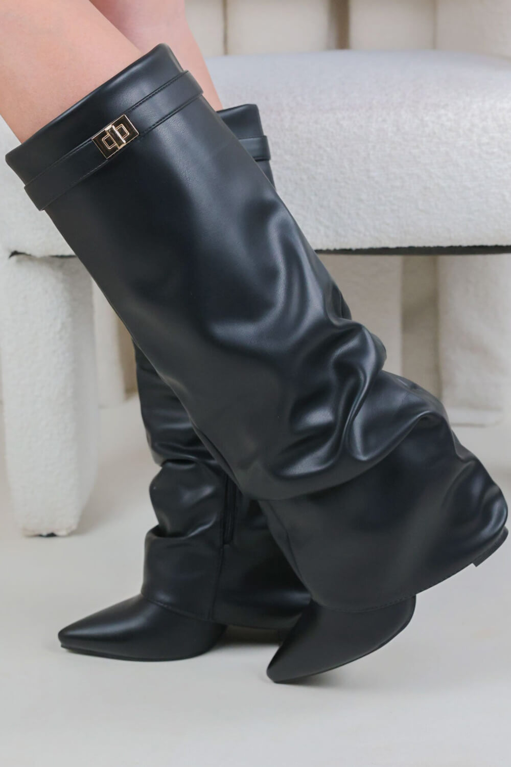 Faux Leather Slouchy Fold Over Metal Lock Detail Pointed Toe Knee High Boots