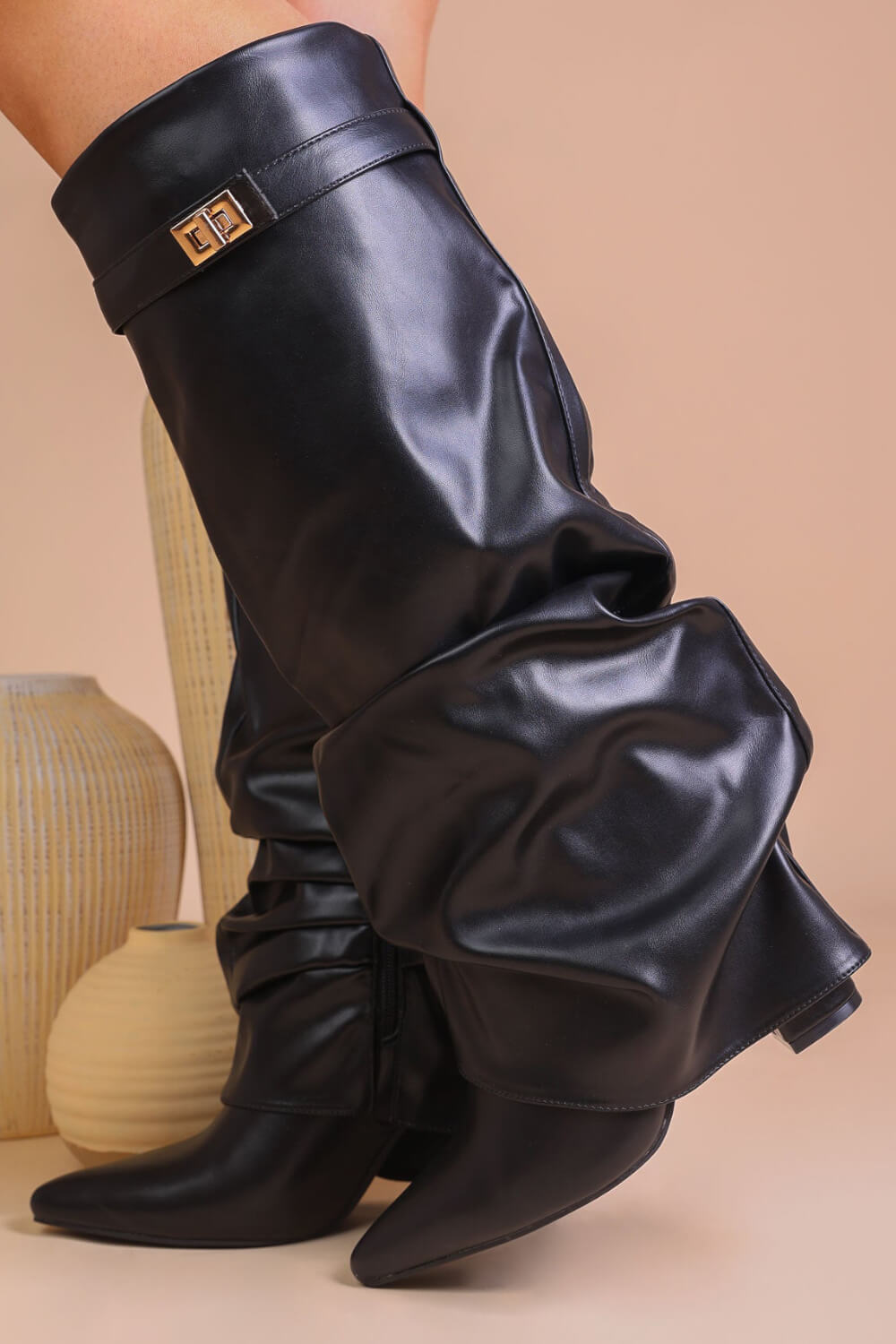Faux Leather Slouchy Fold Over Metal Lock Detail Pointed Toe Knee High Boots