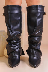 Faux Leather Slouchy Fold Over Metal Lock Detail Pointed Toe Knee High Boots