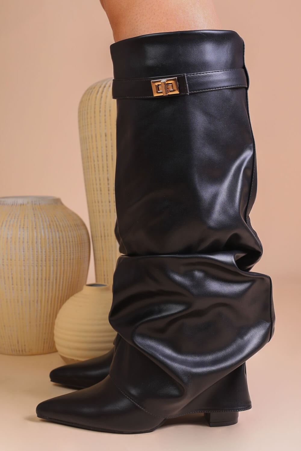 Faux Leather Slouchy Fold Over Metal Lock Detail Pointed Toe Knee High Boots